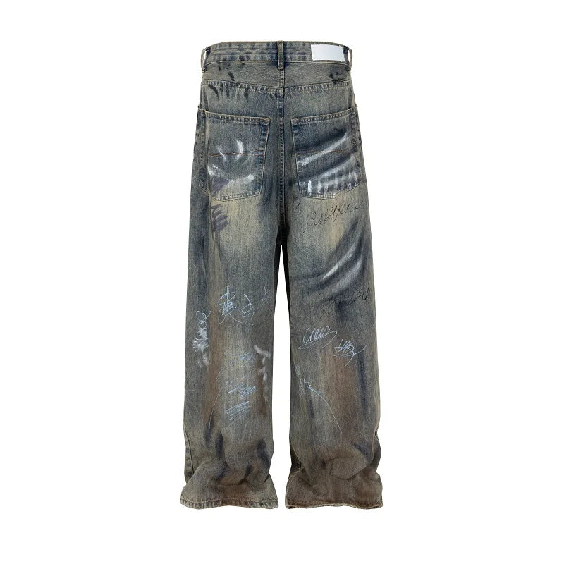 Y2K Graffiti Hand Drawn Wide Leg Jeans - VONVEX
