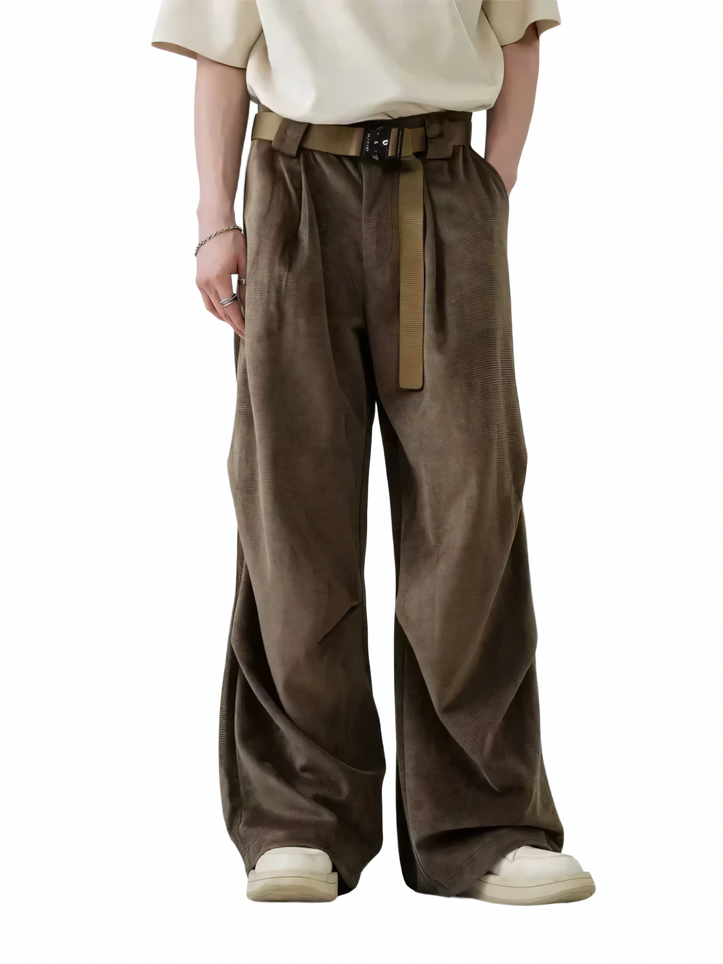 Vintage Pleated Brushed Wide Leg Pant Brown S - VONVEX