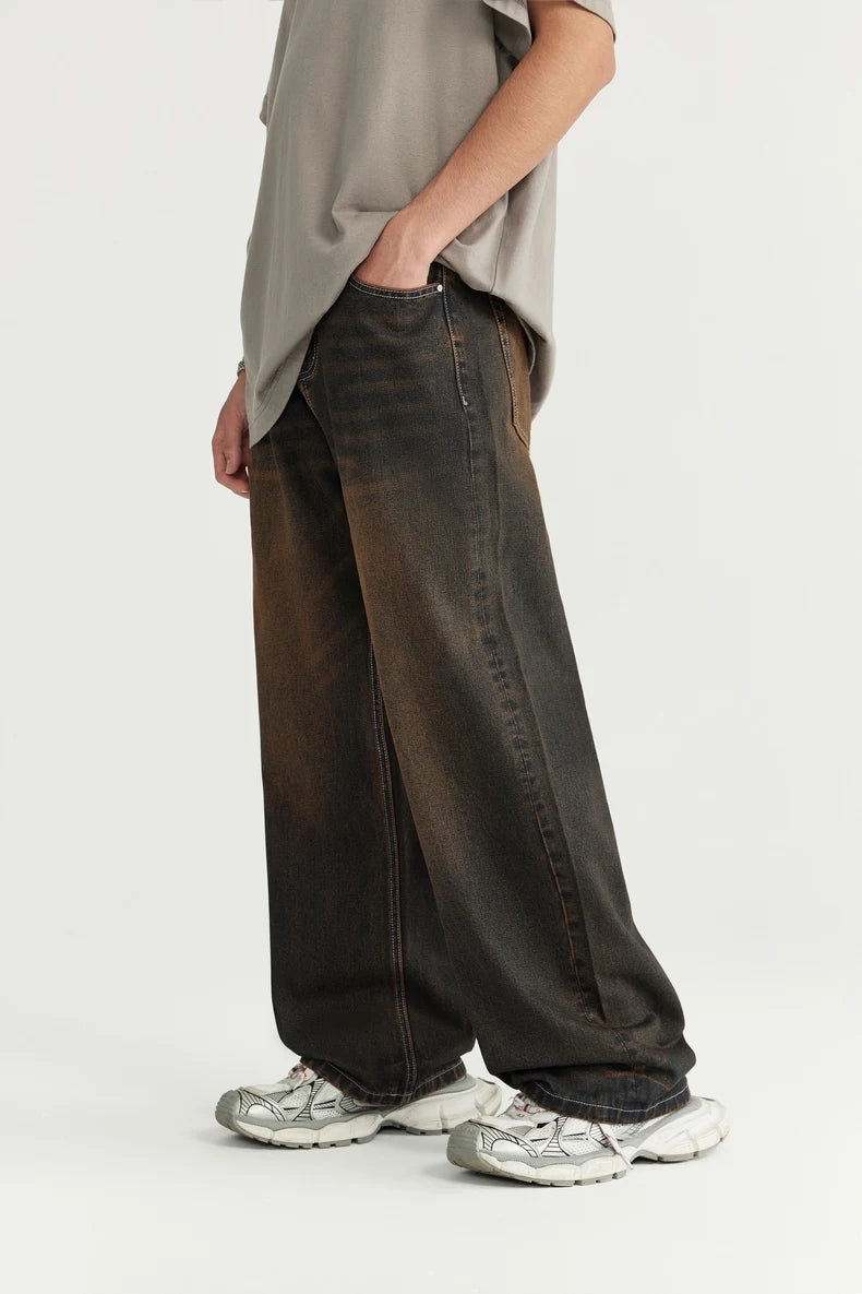 Vintage Sand Washed Wide Leg Denim Jeans - VONVEX