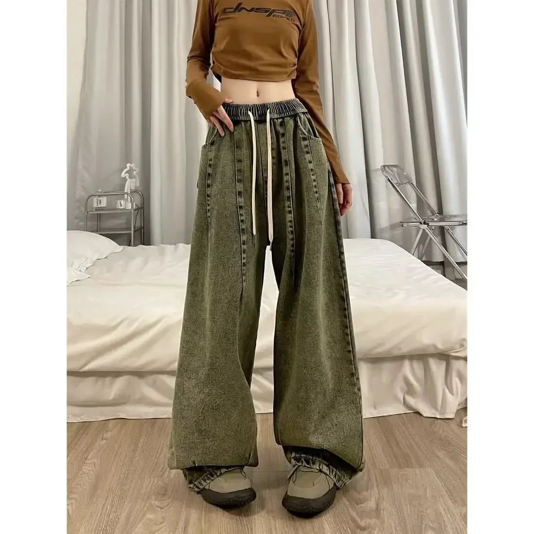 Baggy Elastic-waist Women's Jeans S Green - VONVEX