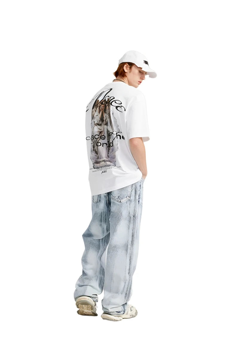 Distressed Washed Wide Leg Denim Jeans - VONVEX