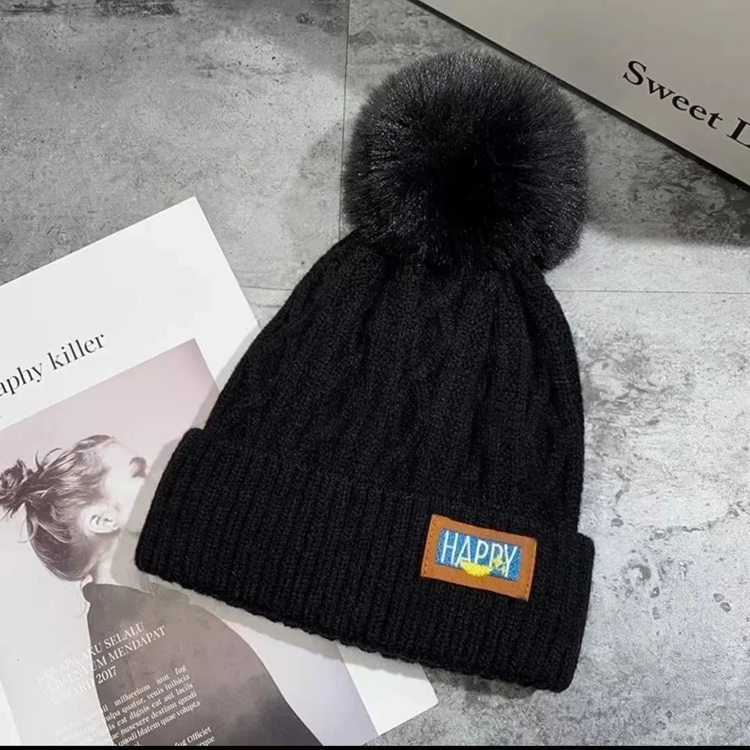 Winter Thick Fur Ball Knitted Beanie Black - VONVEX