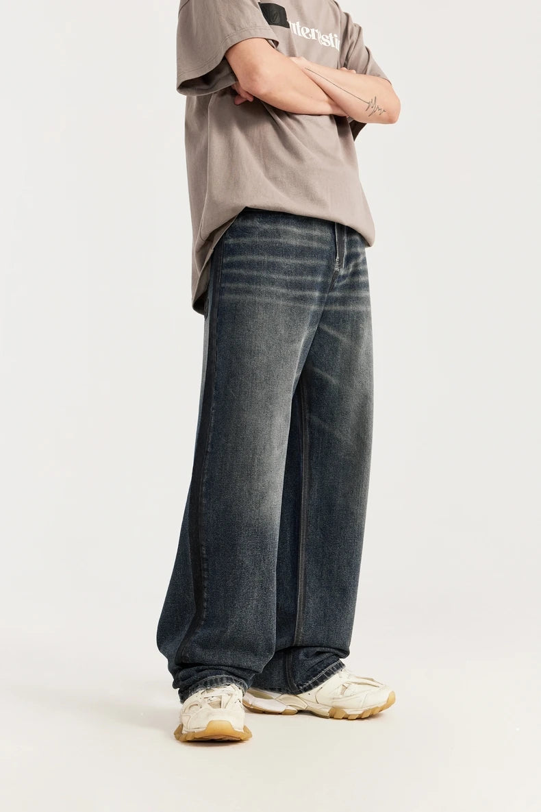 Washed Wide Leg Blue Denim Jeans - VONVEX