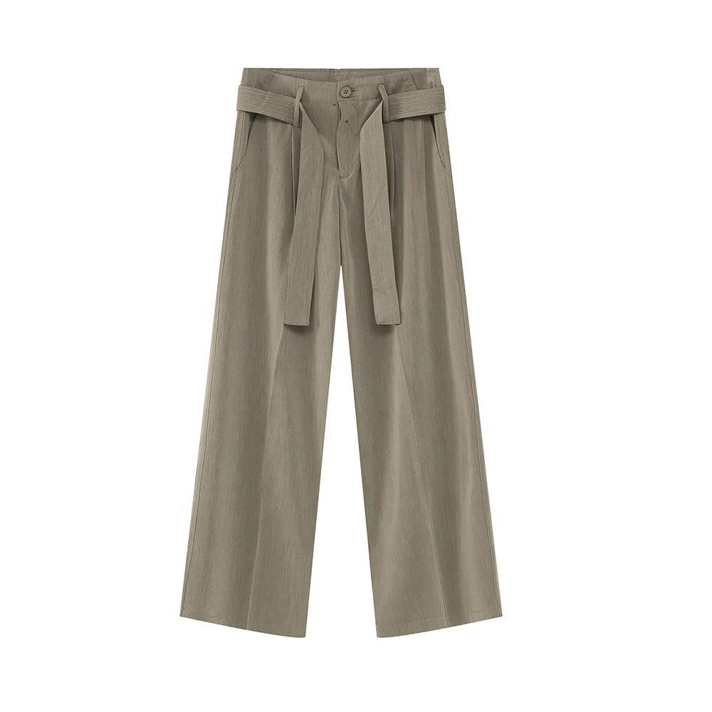 Casual Solid Pant With Ribbon Coffee S - VONVEX