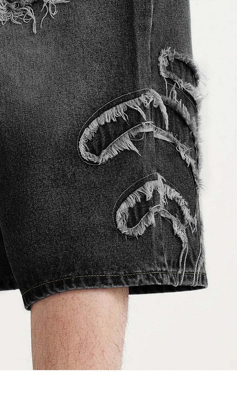 Patchwork Distressed Denim Shorts - VONVEX