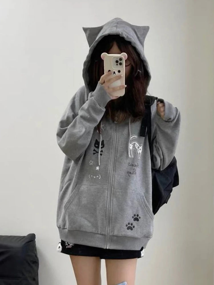 Y2K Kitty Paw Print Hoodie Gray S - VONVEX