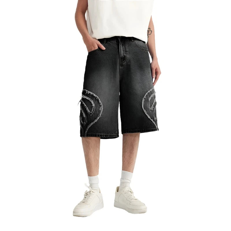 Patchwork Distressed Denim Shorts Black gray M - VONVEX