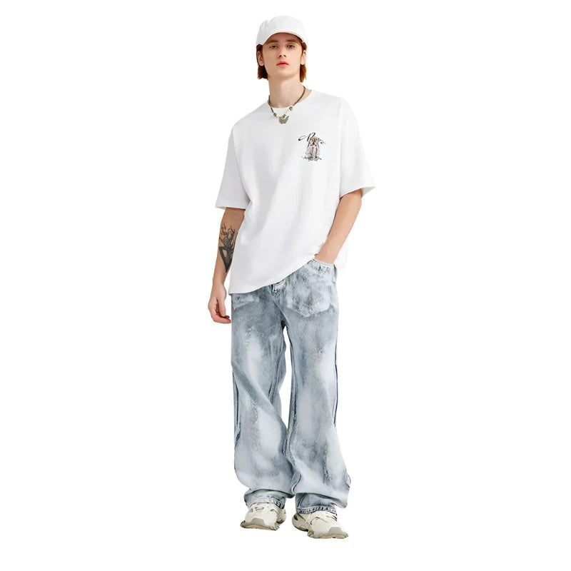 Distressed Washed Wide Leg Denim Jeans - VONVEX