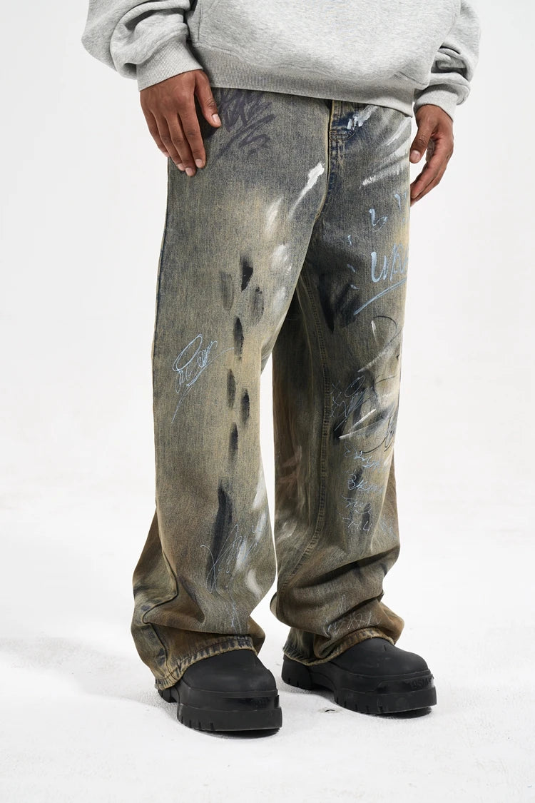 Y2K Graffiti Hand Drawn Wide Leg Jeans - VONVEX