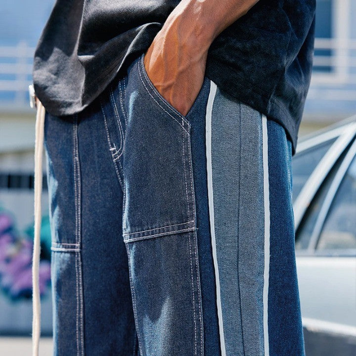 Patchwork Elastic Waist Blue Denim Jeans - VONVEX