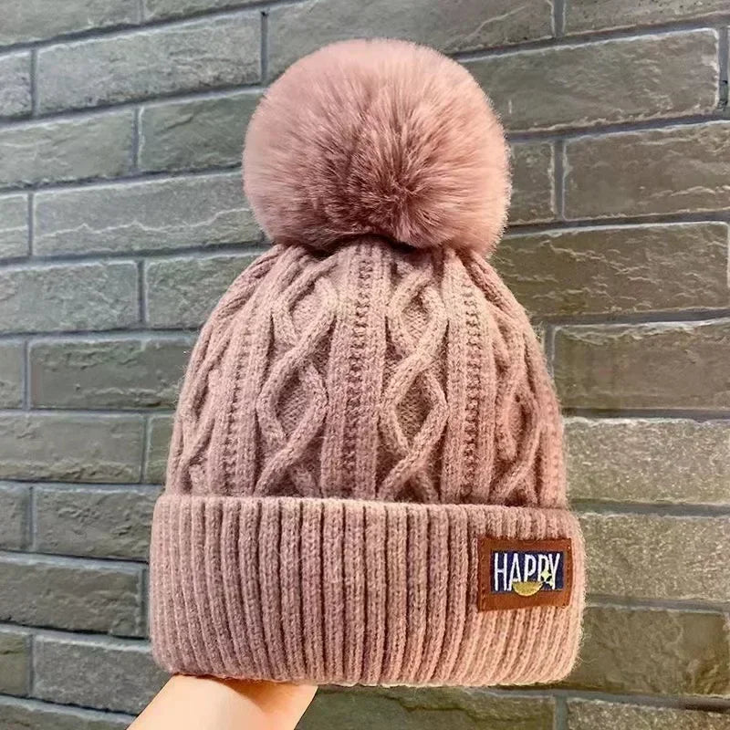 Winter Thick Fur Ball Knitted Beanie Pink - VONVEX