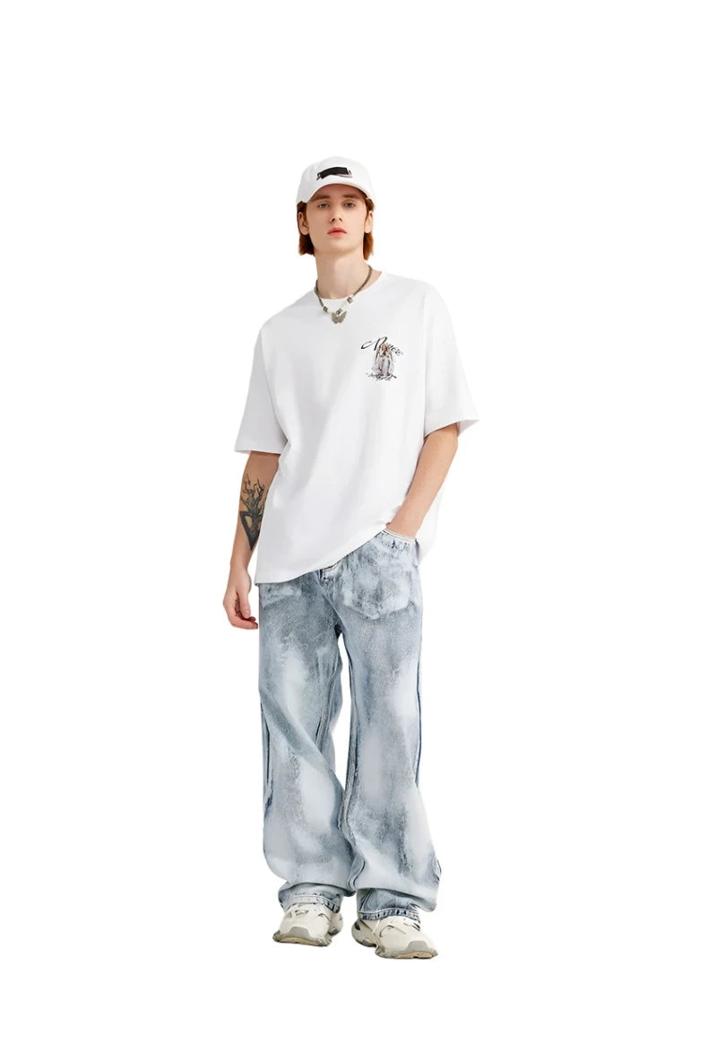 Distressed Washed Wide Leg Denim Jeans - VONVEX