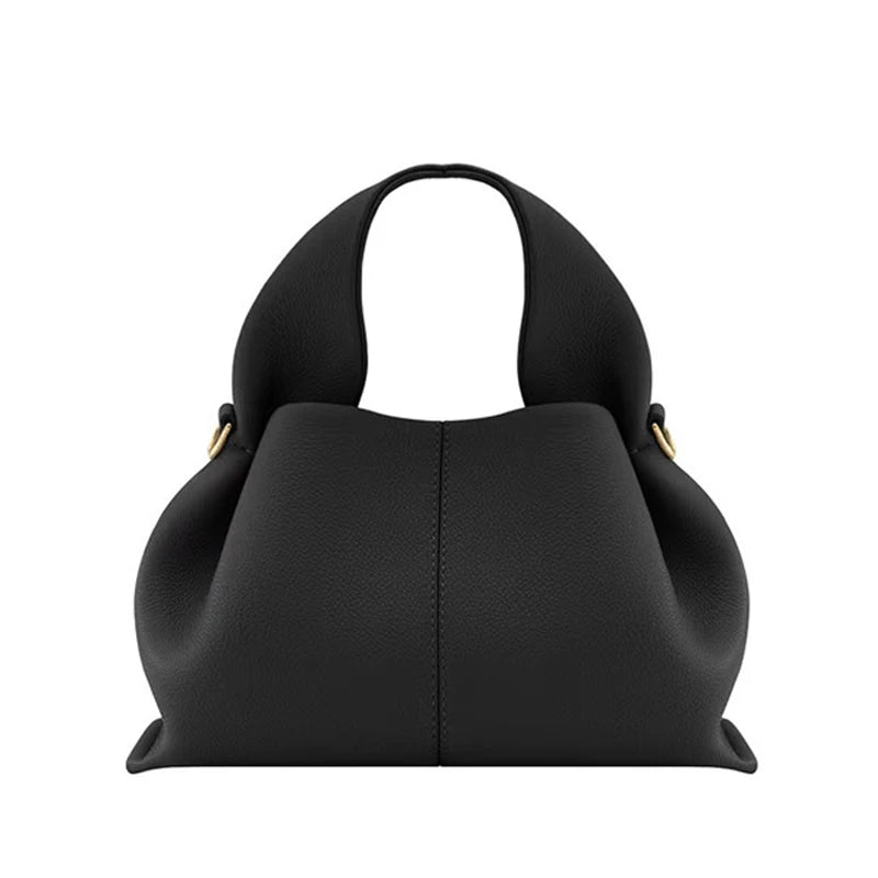 Ladies Cowhide Dumpling Shape Shoulder Handbag Black - VONVEX