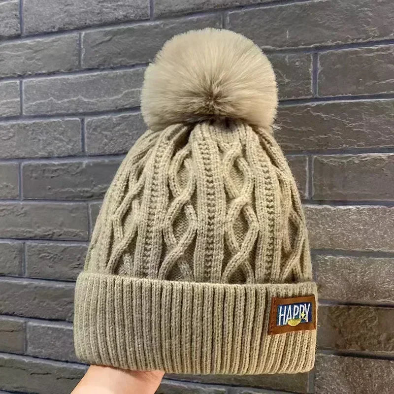 Winter Thick Fur Ball Knitted Beanie Khaki - VONVEX