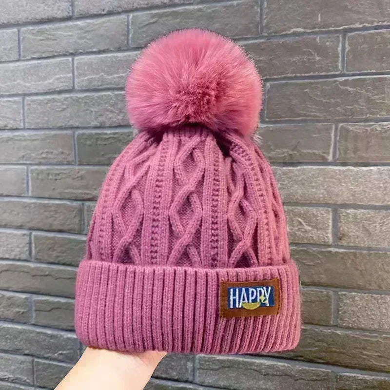 Winter Thick Fur Ball Knitted Beanie Rose - VONVEX