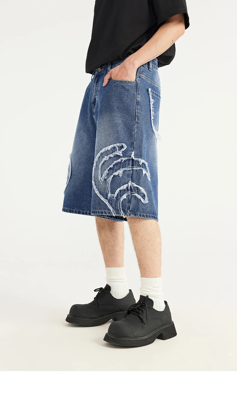 Patchwork Distressed Denim Shorts - VONVEX