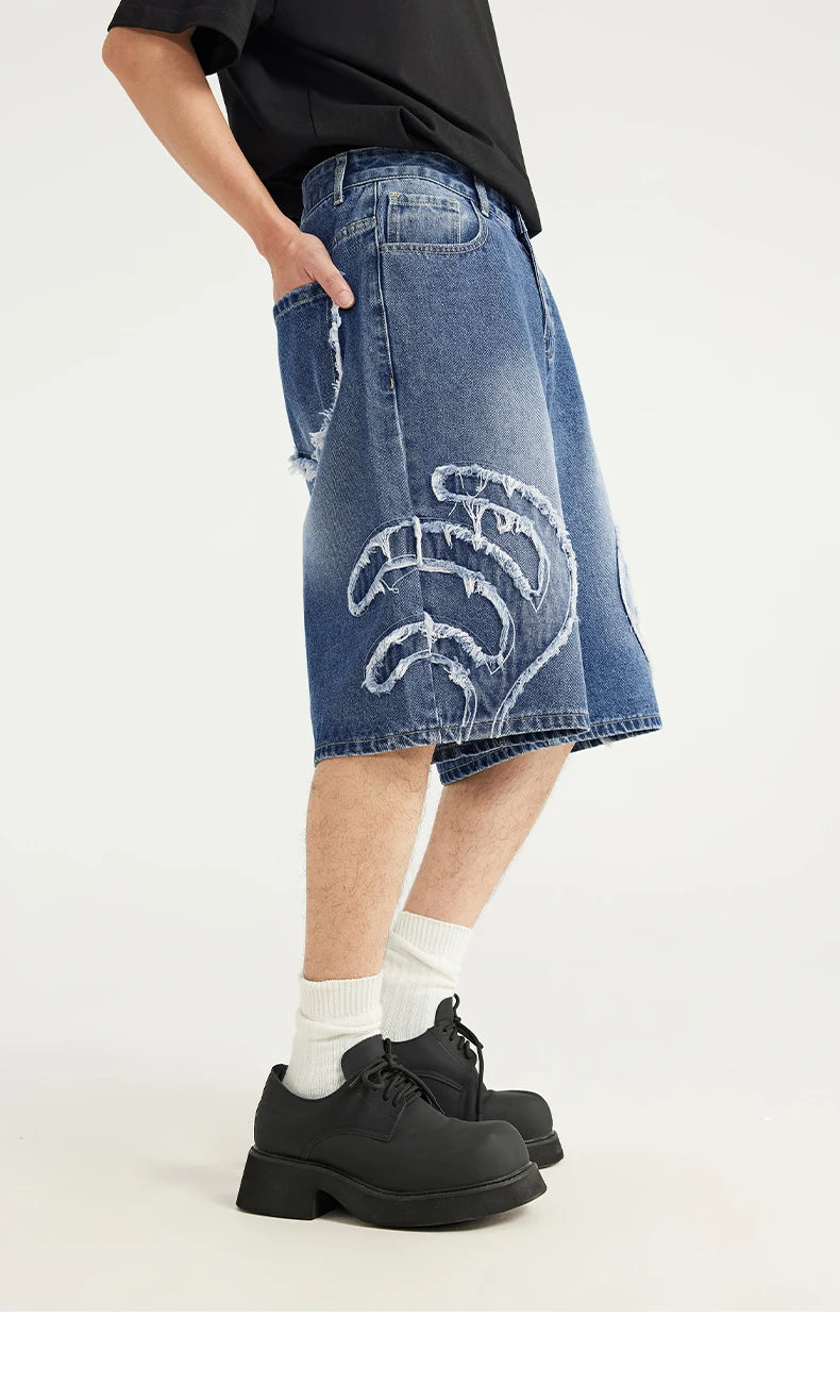 Patchwork Distressed Denim Shorts - VONVEX