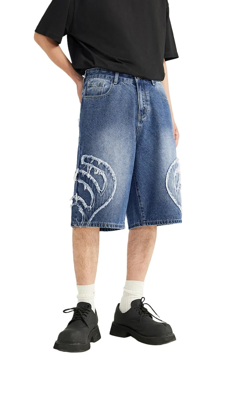 Patchwork Distressed Denim Shorts - VONVEX
