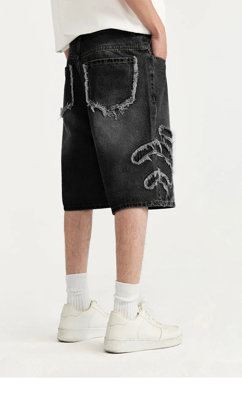 Patchwork Distressed Denim Shorts - VONVEX