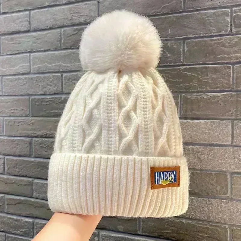 Winter Thick Fur Ball Knitted Beanie Creamy-white - VONVEX