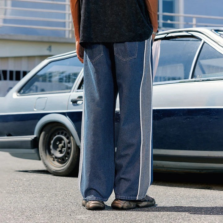 Patchwork Elastic Waist Blue Denim Jeans - VONVEX