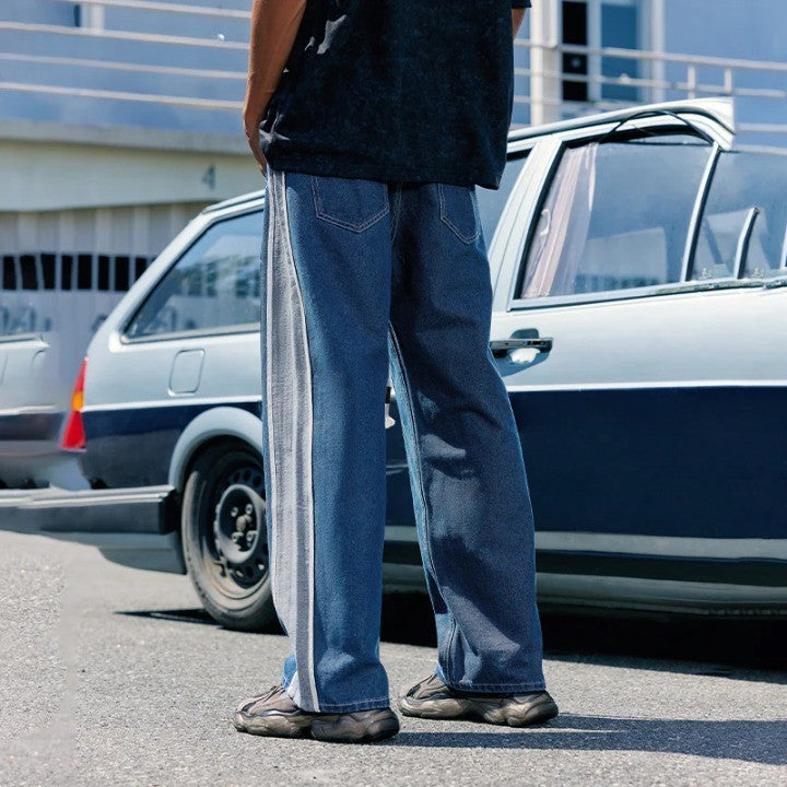 Patchwork Elastic Waist Blue Denim Jeans - VONVEX