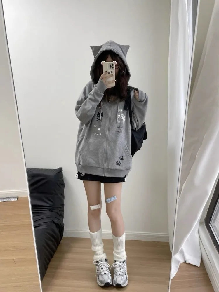 Y2K Kitty Paw Print Hoodie - VONVEX