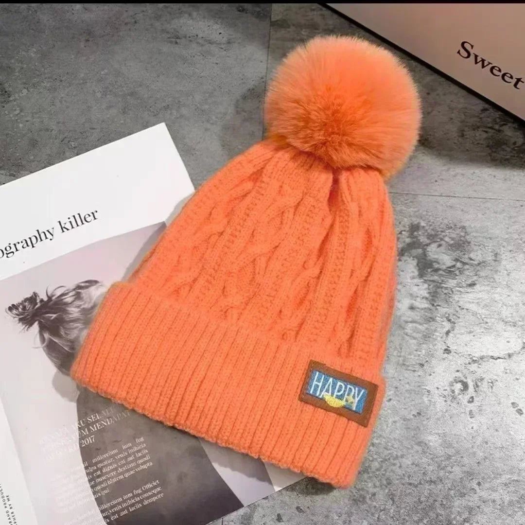 Winter Thick Fur Ball Knitted Beanie Orange - VONVEX