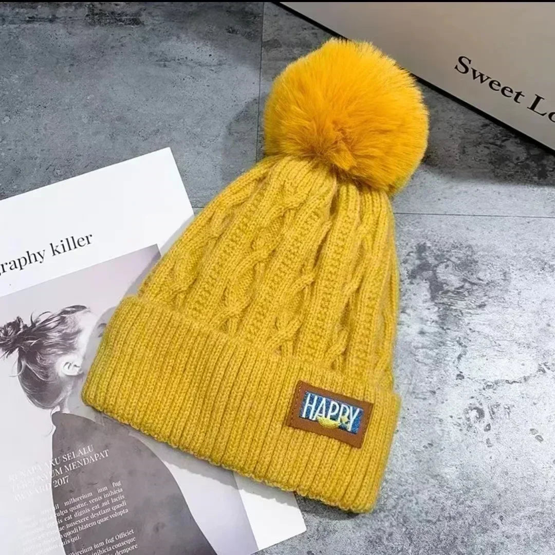 Winter Thick Fur Ball Knitted Beanie Yellow 1 - VONVEX
