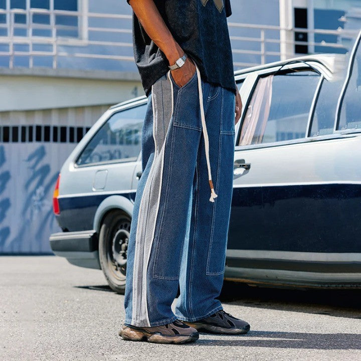 Patchwork Elastic Waist Blue Denim Jeans - VONVEX