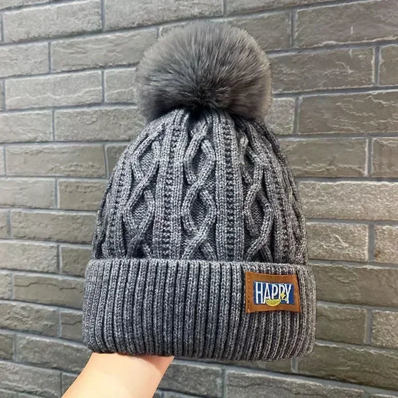 Winter Thick Fur Ball Knitted Beanie Grey - VONVEX