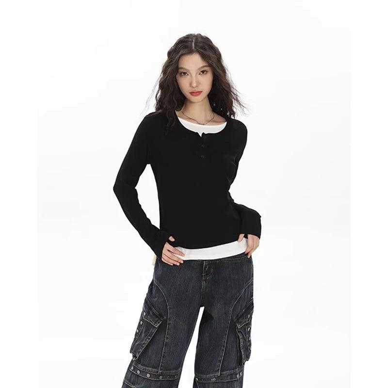 Black Solid Pullover With Fake Undershirt - VONVEX