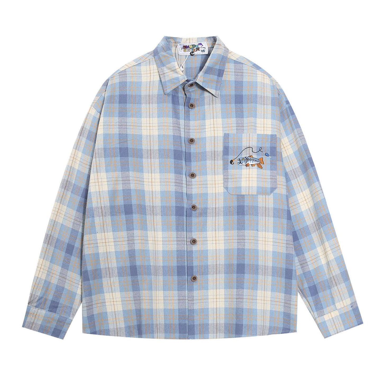 Retro Fishing Plaid Embroidered Shirt Blue M - VONVEX