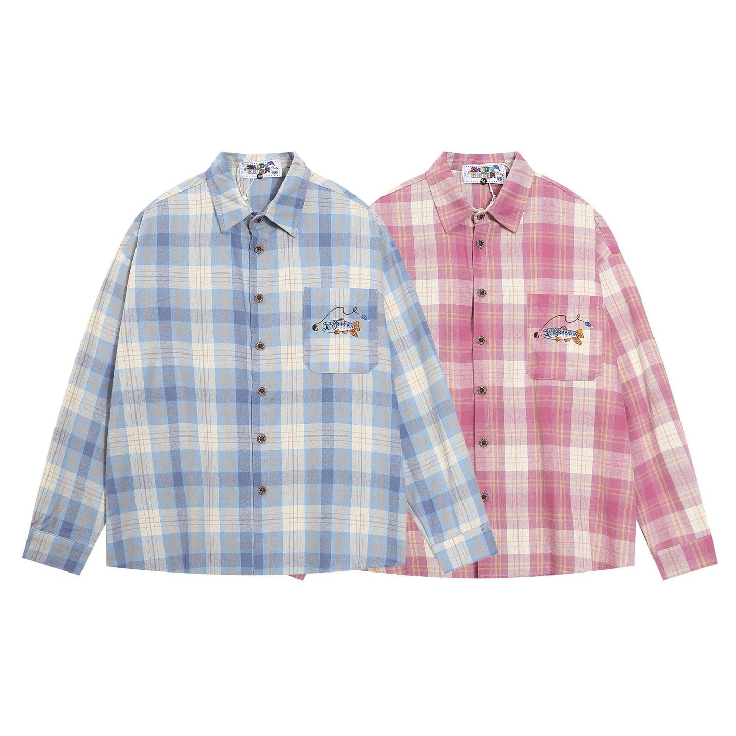Retro Fishing Plaid Embroidered Shirt - VONVEX