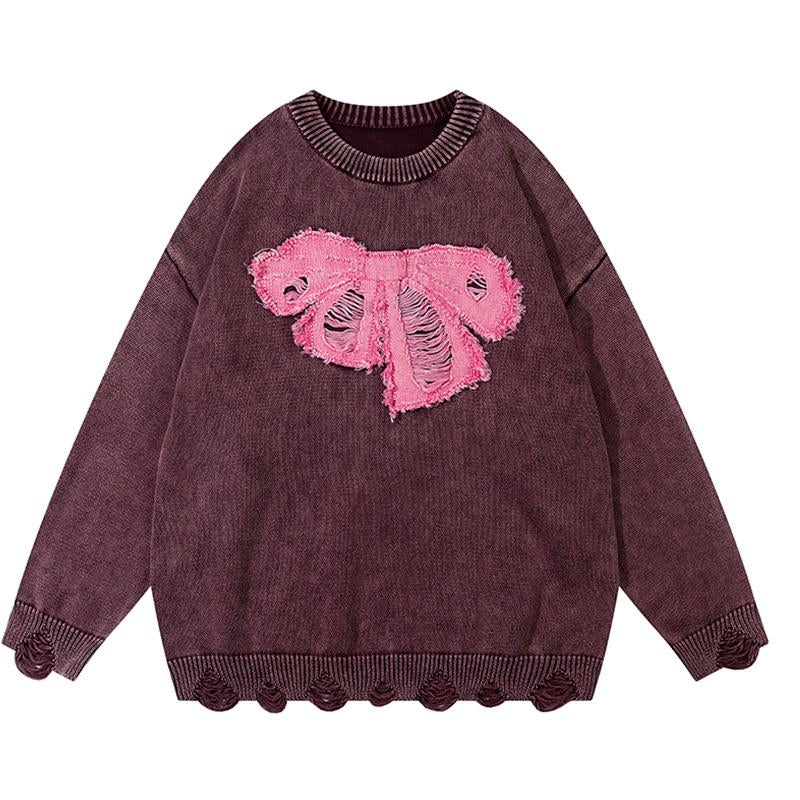 Y2K Ribbon Knitted Pullover Purple M - VONVEX