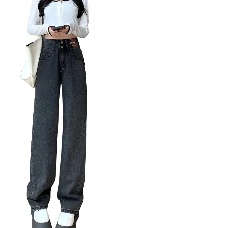 Winter Warm Fleece Denim Wide-Leg Jeans Black Gray XS - VONVEX