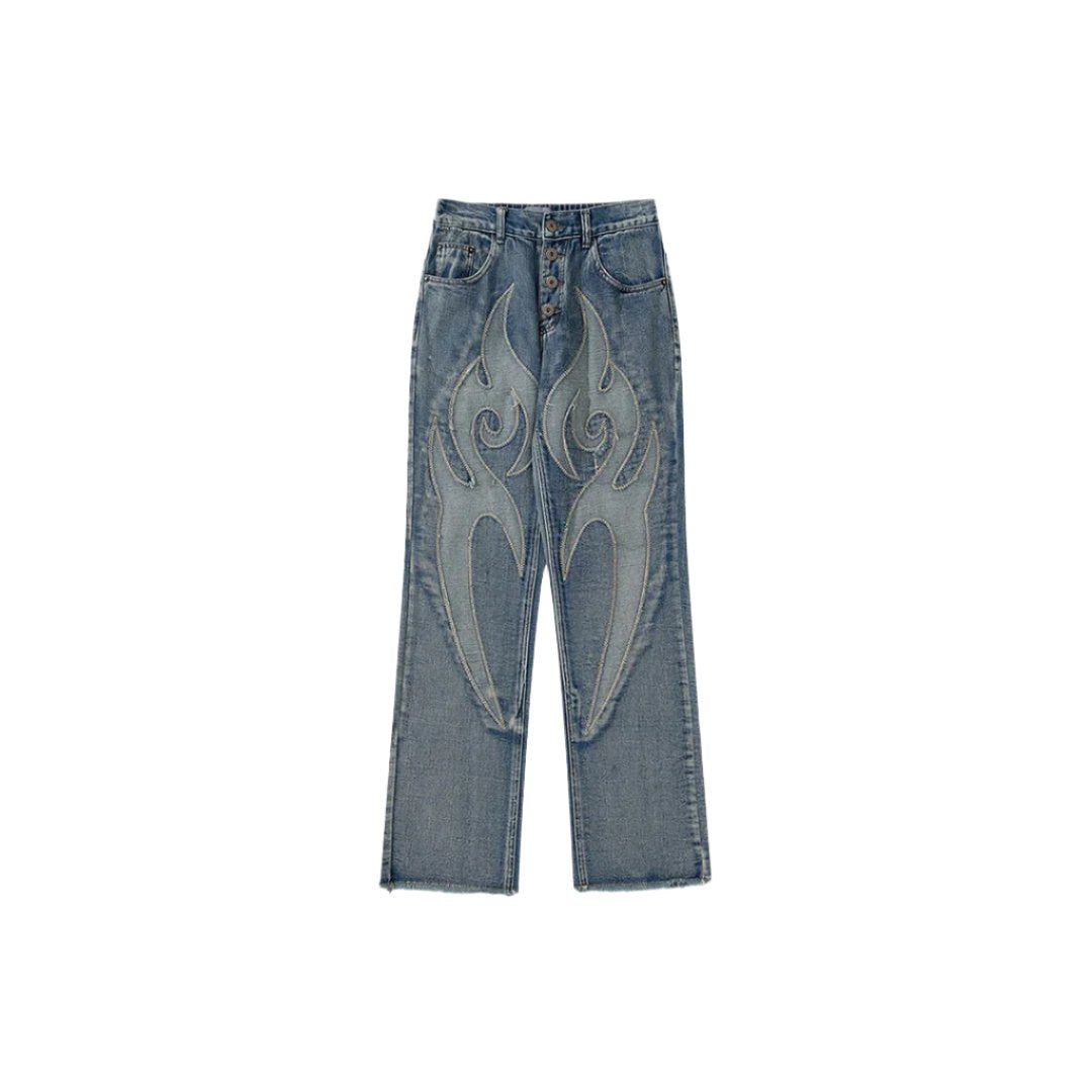 Flame Embroidery Denim Jeans  Blue M  - VONVEX