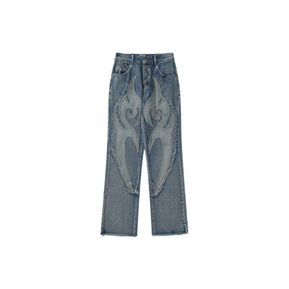 Flame Embroidery Denim Jeans  Blue M  - VONVEX