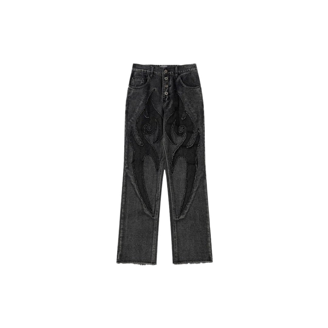 Flame Embroidery Denim Jeans  Black M  - VONVEX