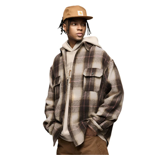 Loose Fit Brushed Plaid Shacket     - VONVEX