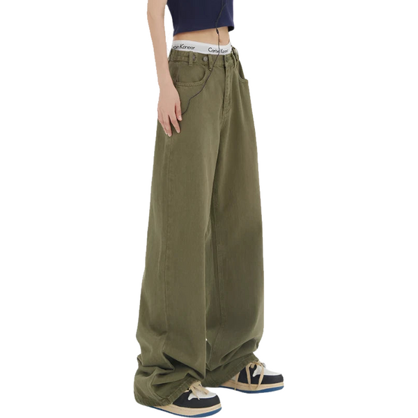 Baggy Olive Green Wide-Leg Jeans     - VONVEX