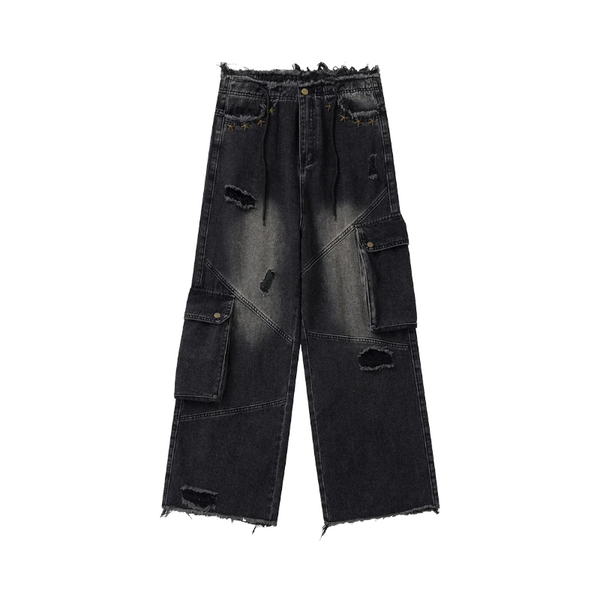 Distressed Multi-Pocket Jeans     - VONVEX