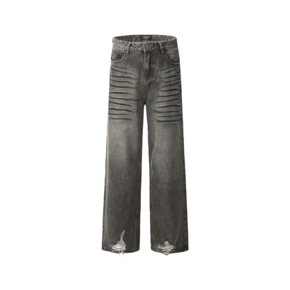 Distressed Wrinkled Ripped Jeans     - VONVEX