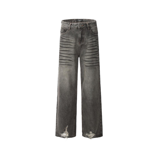 Distressed Wrinkled Ripped Jeans     - VONVEX