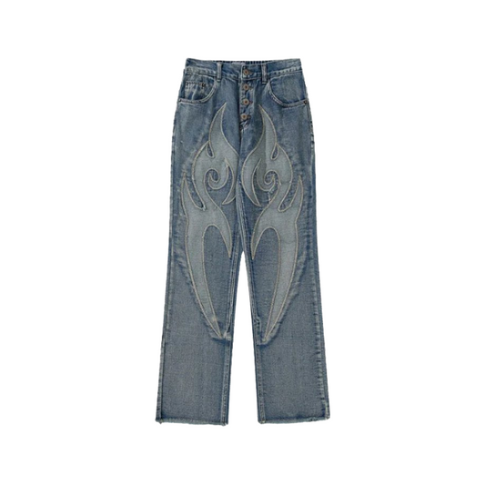 Flame Embroidery Denim Jeans     - VONVEX
