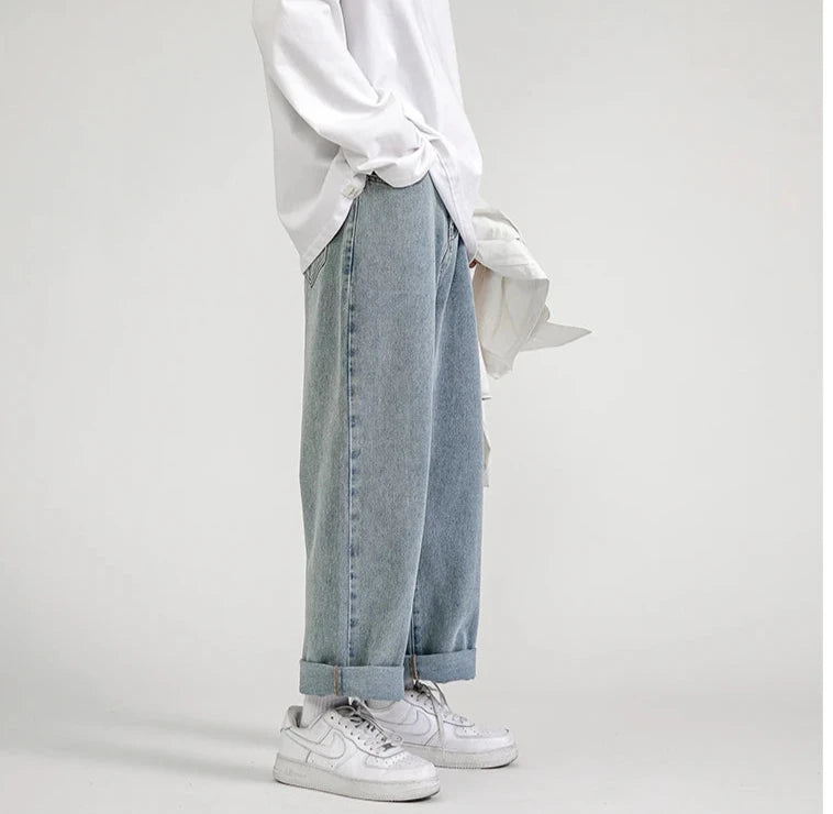 Solid Straight-leg Denim Pants  Light blue S  - VONVEX
