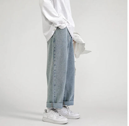 Solid Straight-leg Denim Pants  Light blue S  - VONVEX