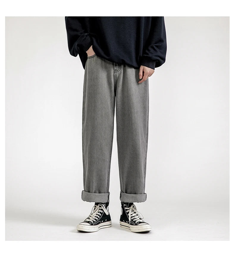 Solid Straight-leg Denim Pants     - VONVEX