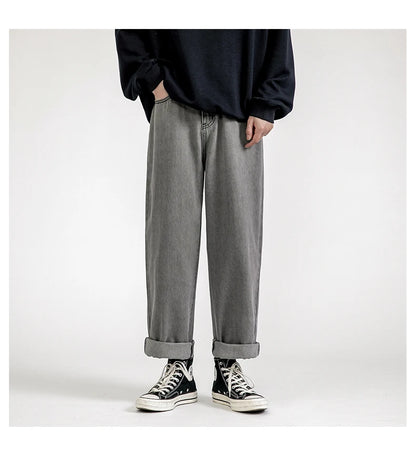 Solid Straight-leg Denim Pants     - VONVEX