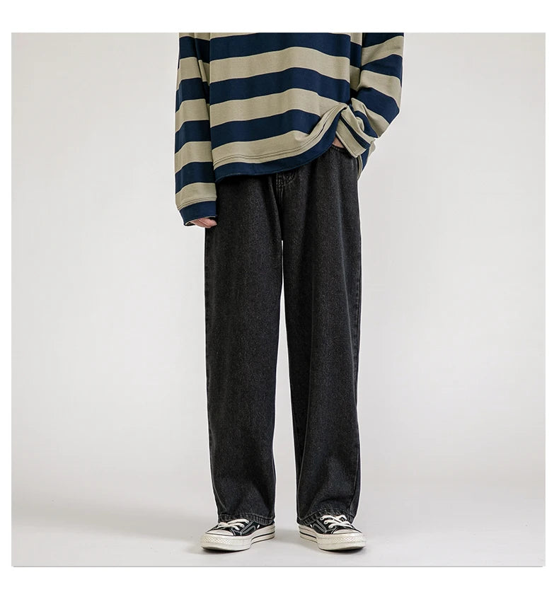 Solid Straight-leg Denim Pants  Black S  - VONVEX